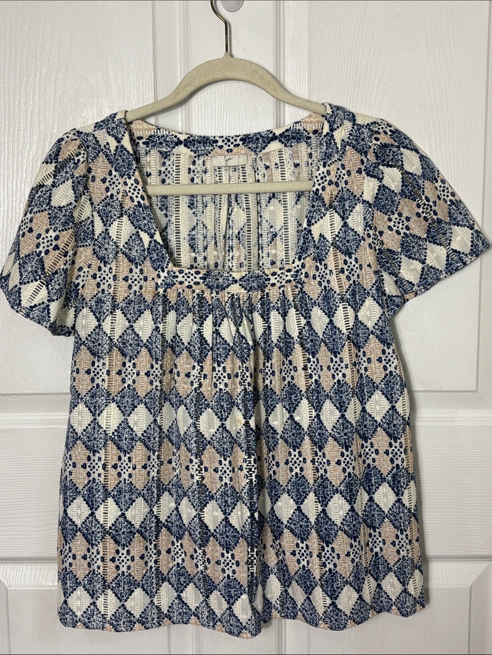 Joie Crochet Knit Square Neck Smocked Top Blue Pink Cream Gender reveal Shower